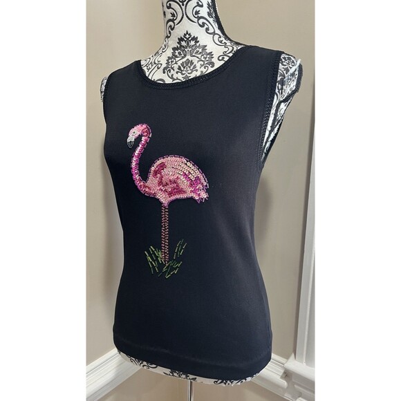 Sweater Works Womens Y2K Flamingo Sequin Knit Top Sz S Black Pink Mob Wife - Picture 3 of 12